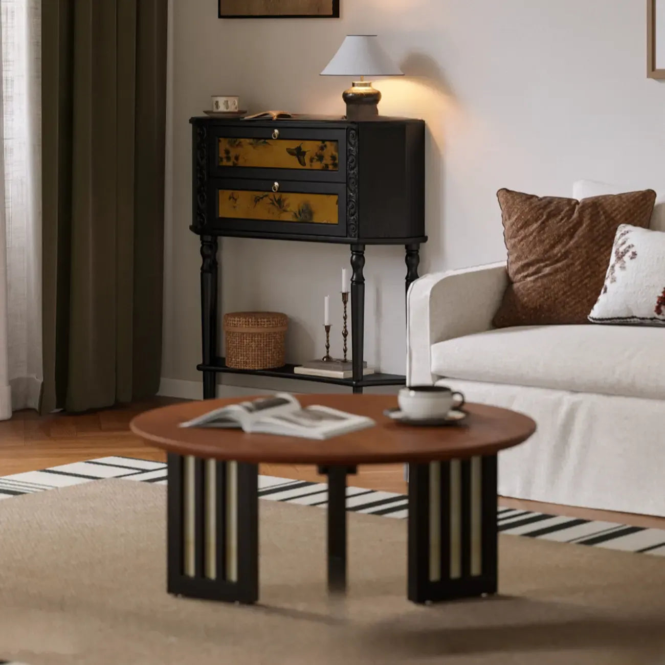Black Wood 2-Drawer Console Table with Floor Shelf