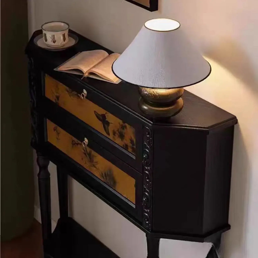 Black Wood 2-Drawer Console Table with Floor Shelf
