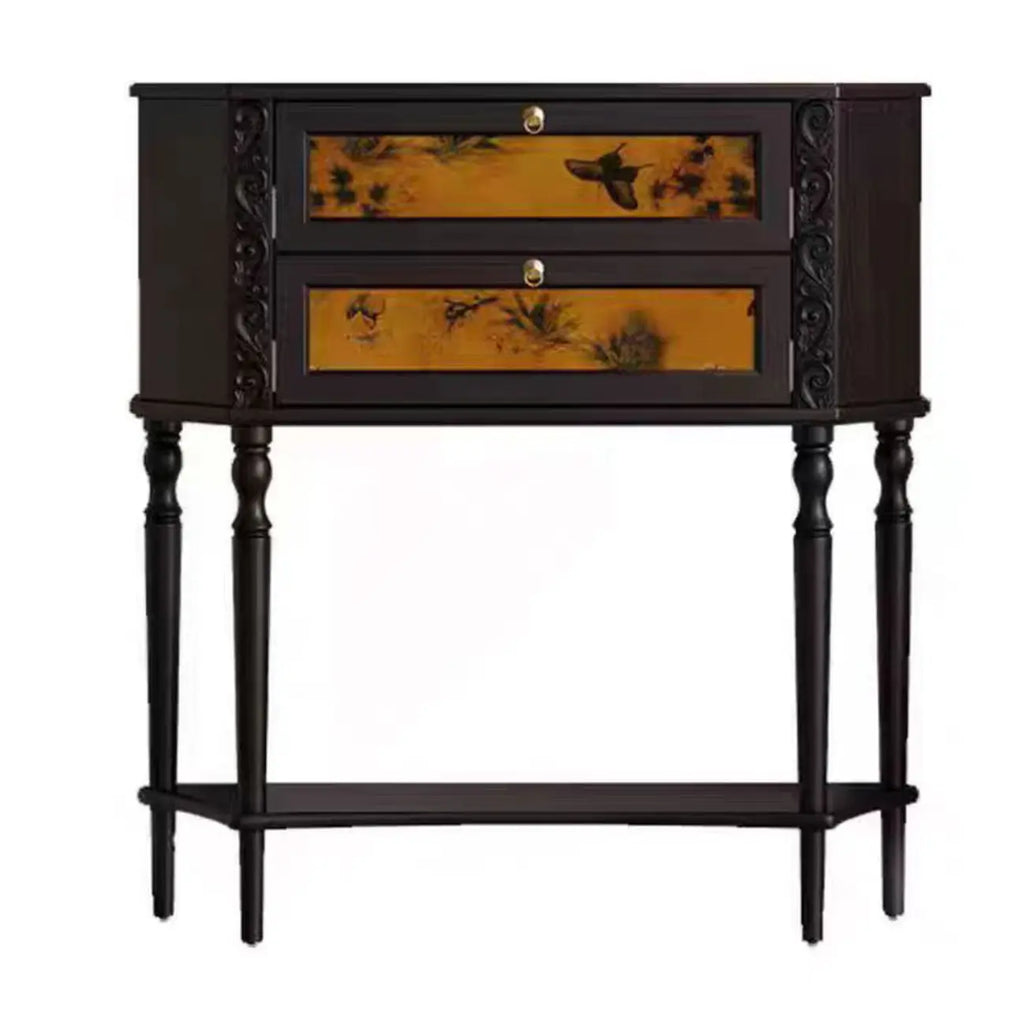 Black Wood 2-Drawer Console Table with Floor Shelf