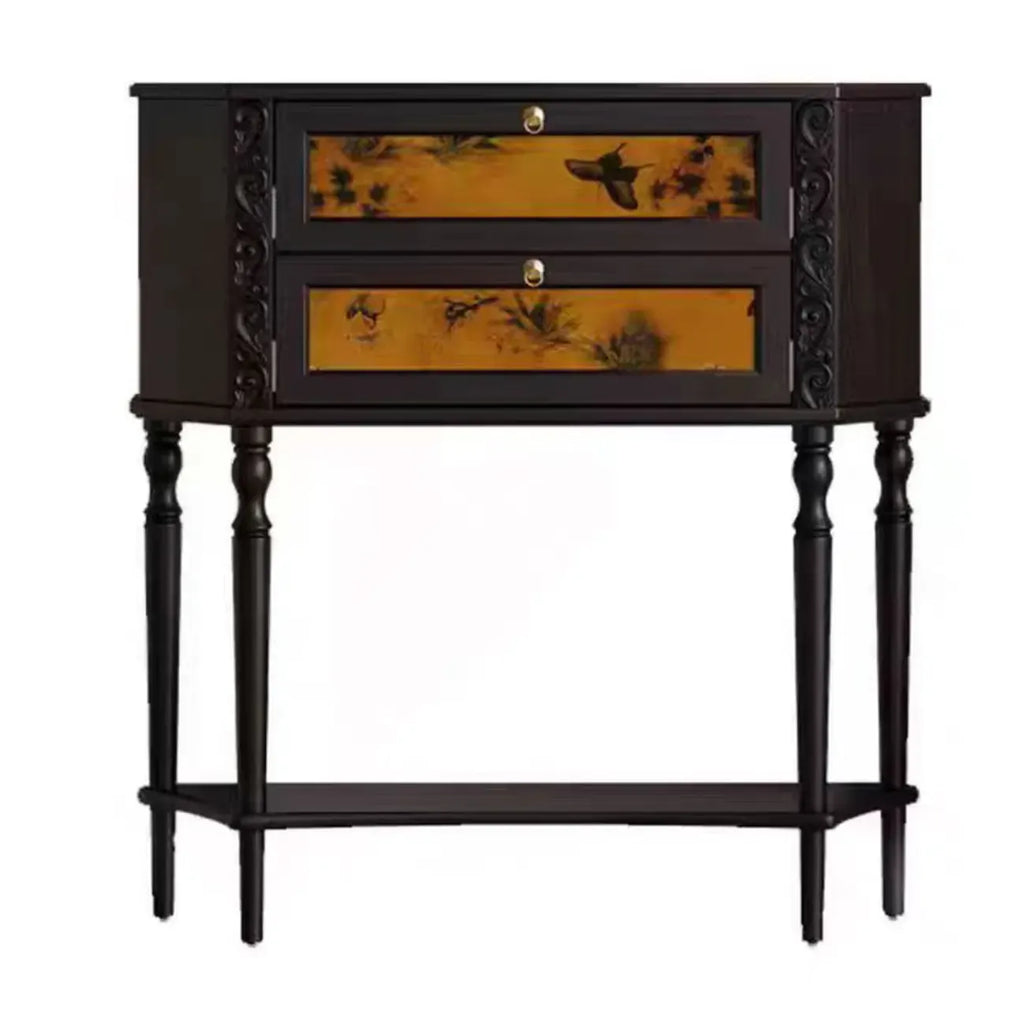 Black Wood 2-Drawer Console Table with Floor Shelf