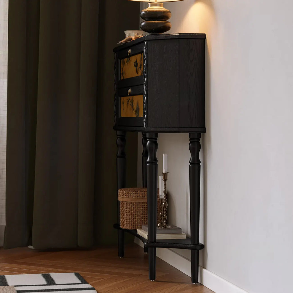 Black Wood 2-Drawer Console Table with Floor Shelf
