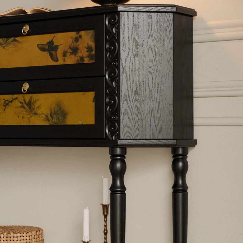 Black Wood 2-Drawer Console Table with Floor Shelf