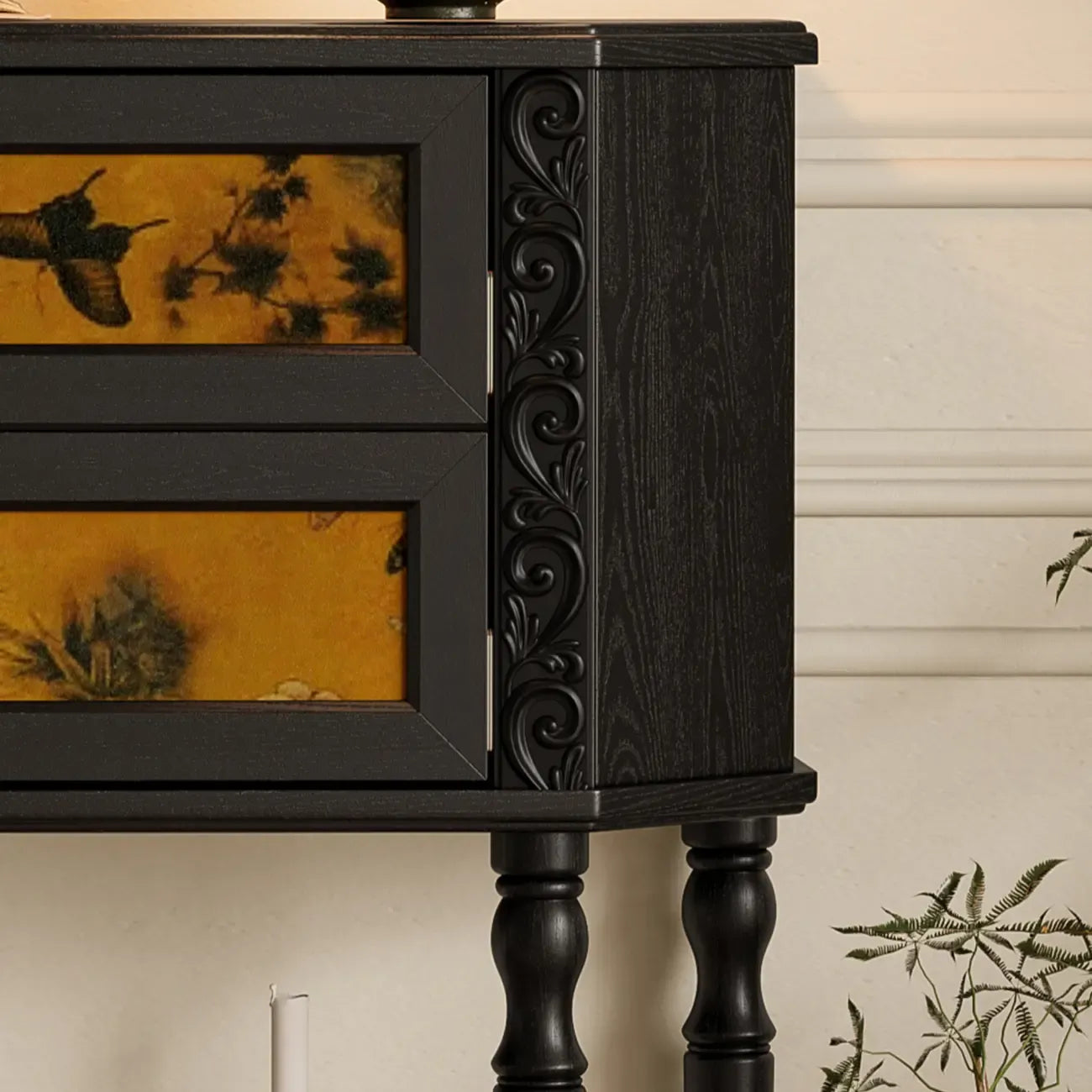 Black Wood 2-Drawer Console Table with Floor Shelf