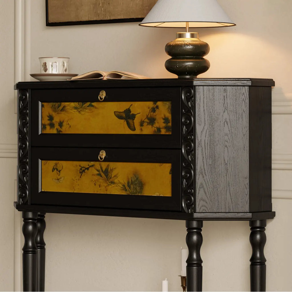 Black Wood 2-Drawer Console Table with Floor Shelf