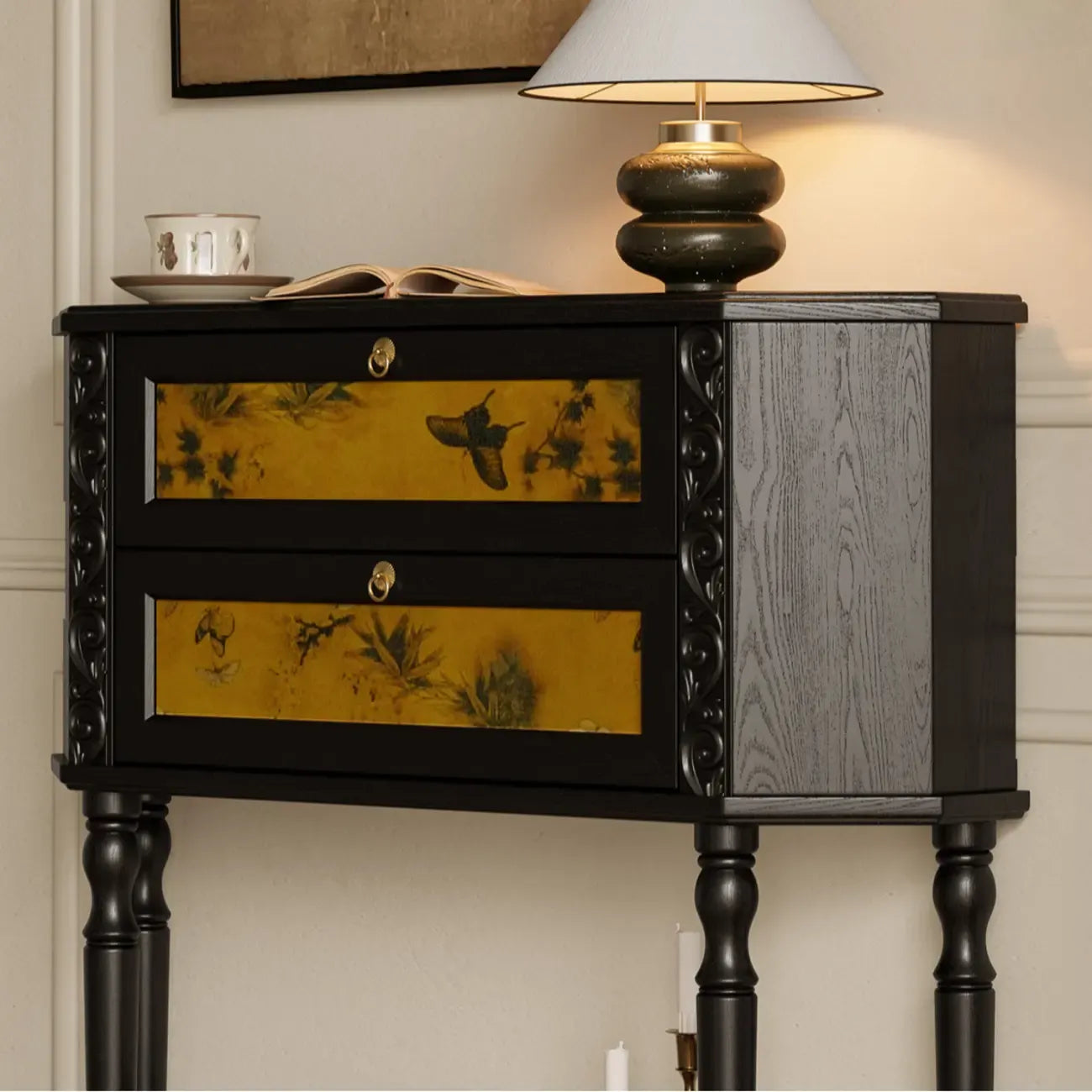 Black Wood 2-Drawer Console Table with Floor Shelf