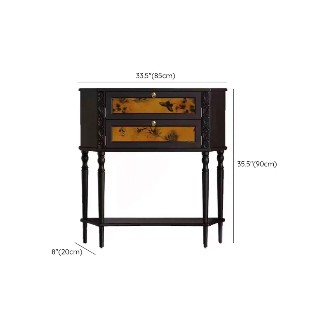 Black Wood 2-Drawer Console Table with Floor Shelf