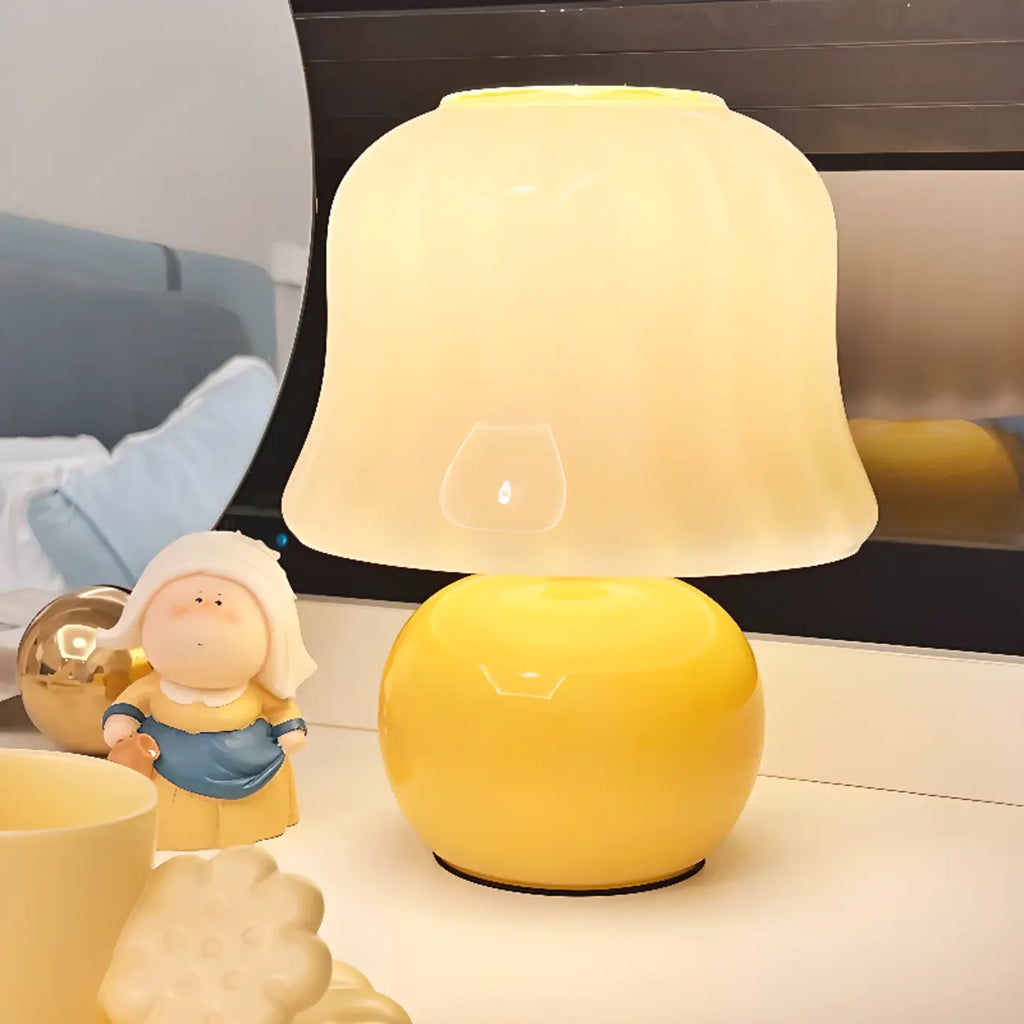 Plug-In Yellow Glass Mushroom Table Lamp for Bedside Lighting