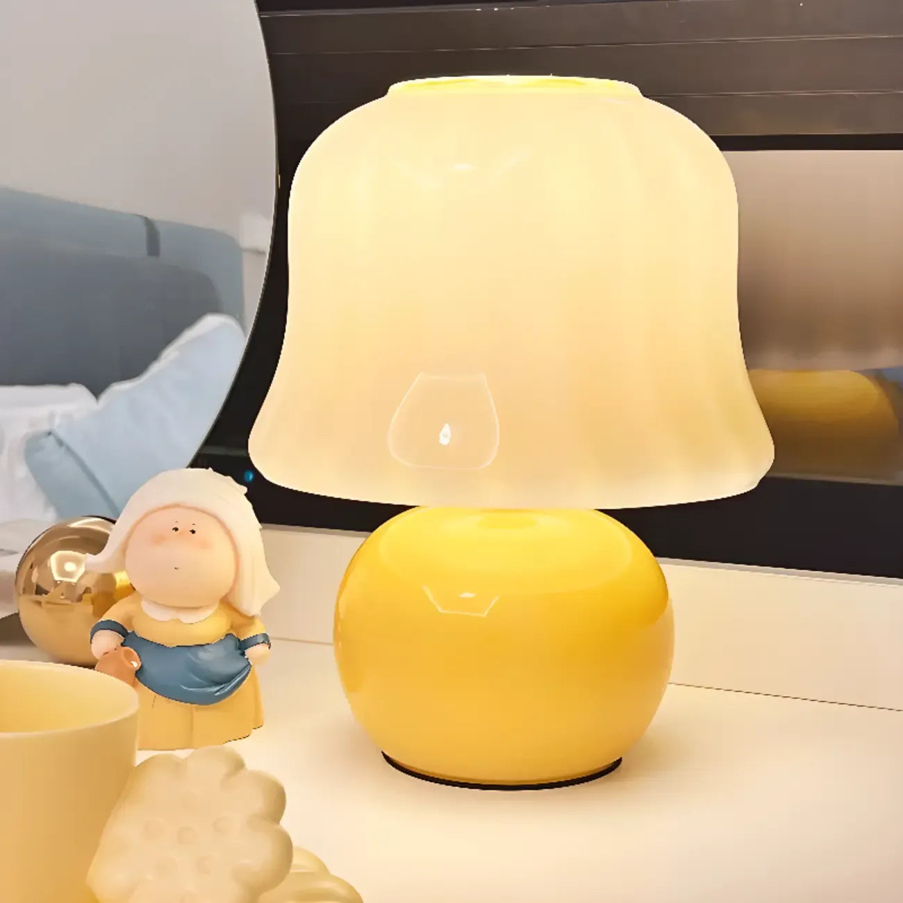 Plug-In Yellow Glass Mushroom Table Lamp for Bedside Lighting