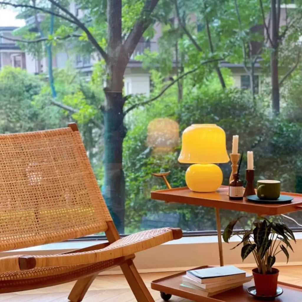 Plug-In Yellow Glass Mushroom Table Lamp for Bedside Lighting