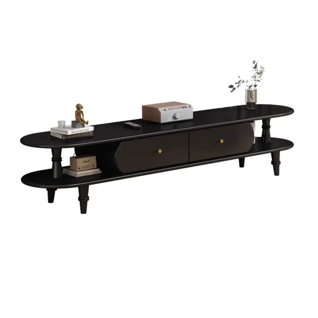 71 Black Oval Wood 3-Shelf TV Stand with Storage Drawers