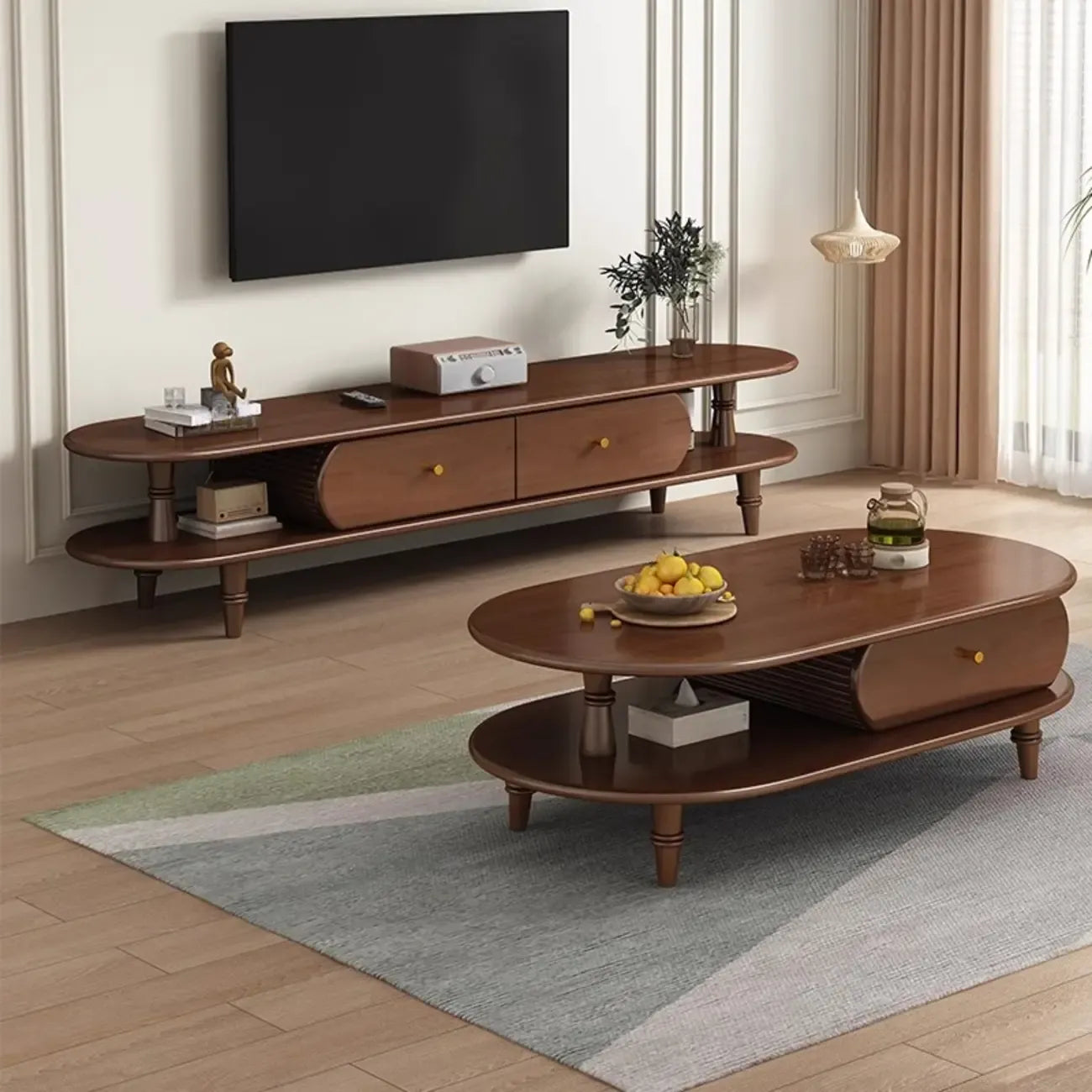 71 Black Oval Wood 3-Shelf TV Stand with Storage Drawers