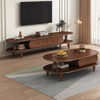 71 Black Oval Wood 3-Shelf TV Stand with Storage Drawers