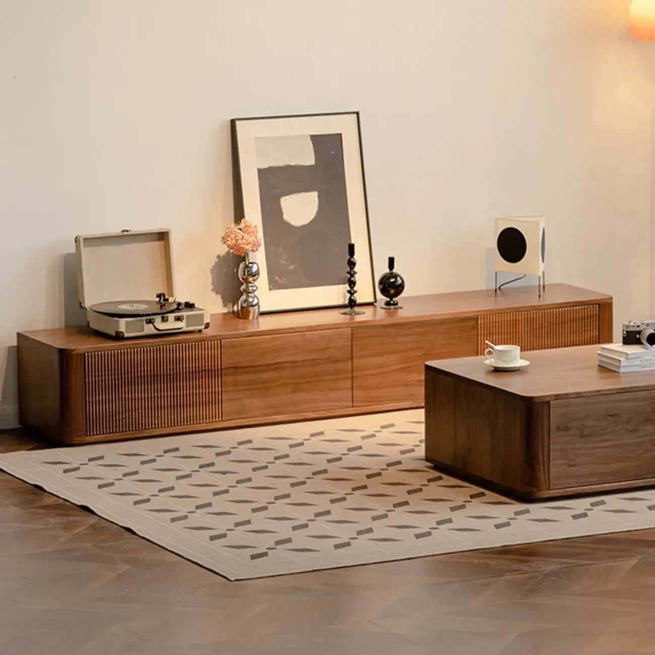 87 Mid-Century Modern Brown Wooden TV Stand with Drawers