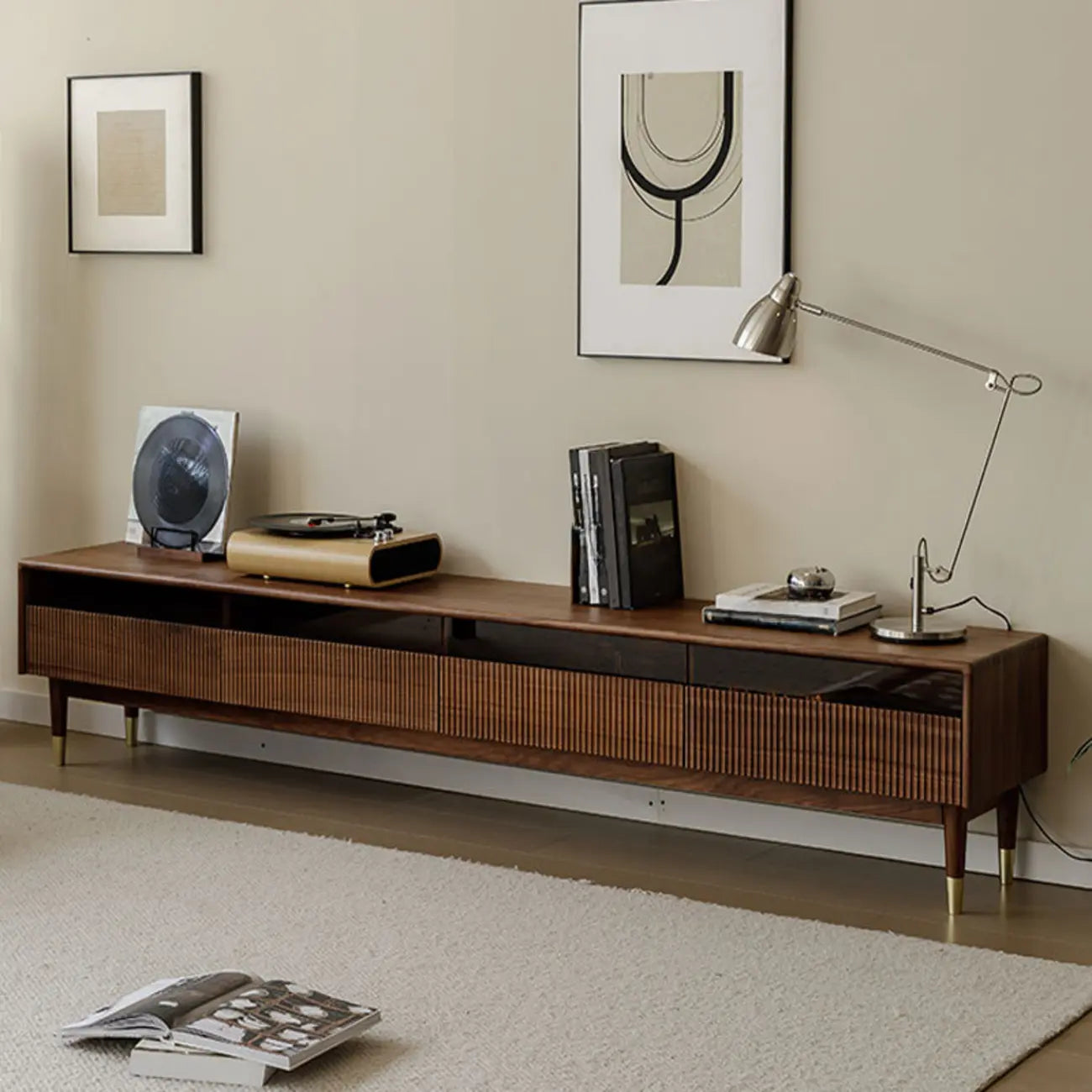 94.5 Long Brown Wood Walnut Fluted TV Stand with Drawers