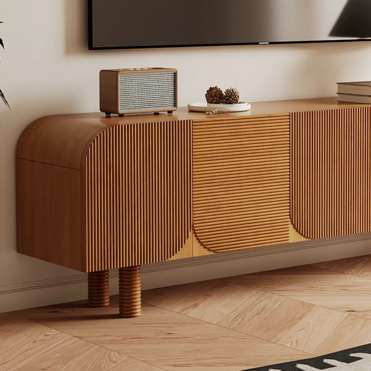 71 Rustic Brown Fluted Wooden TV Stand for Living Room