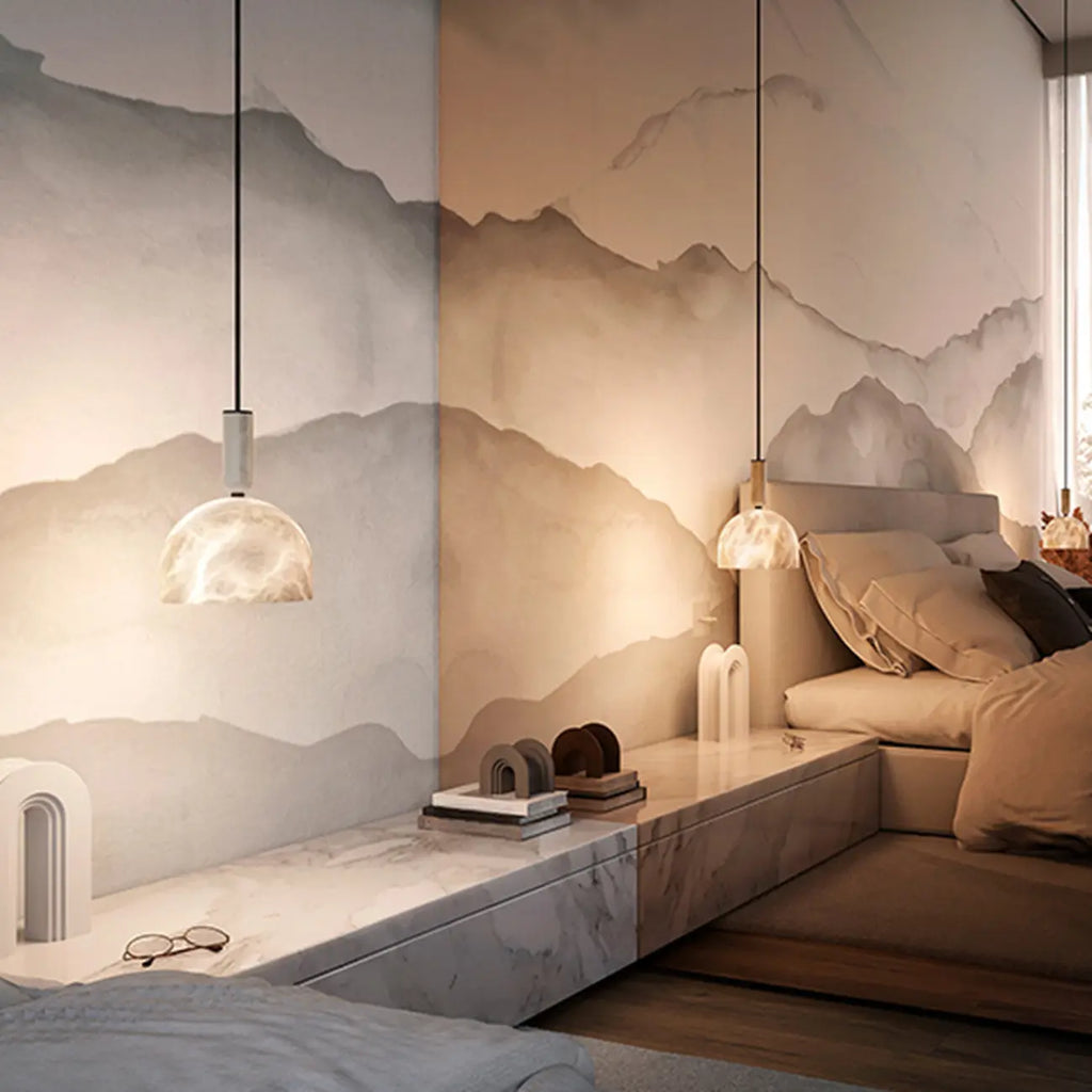 Contemporary Bedroom White Alabaster Dome Pendant Light