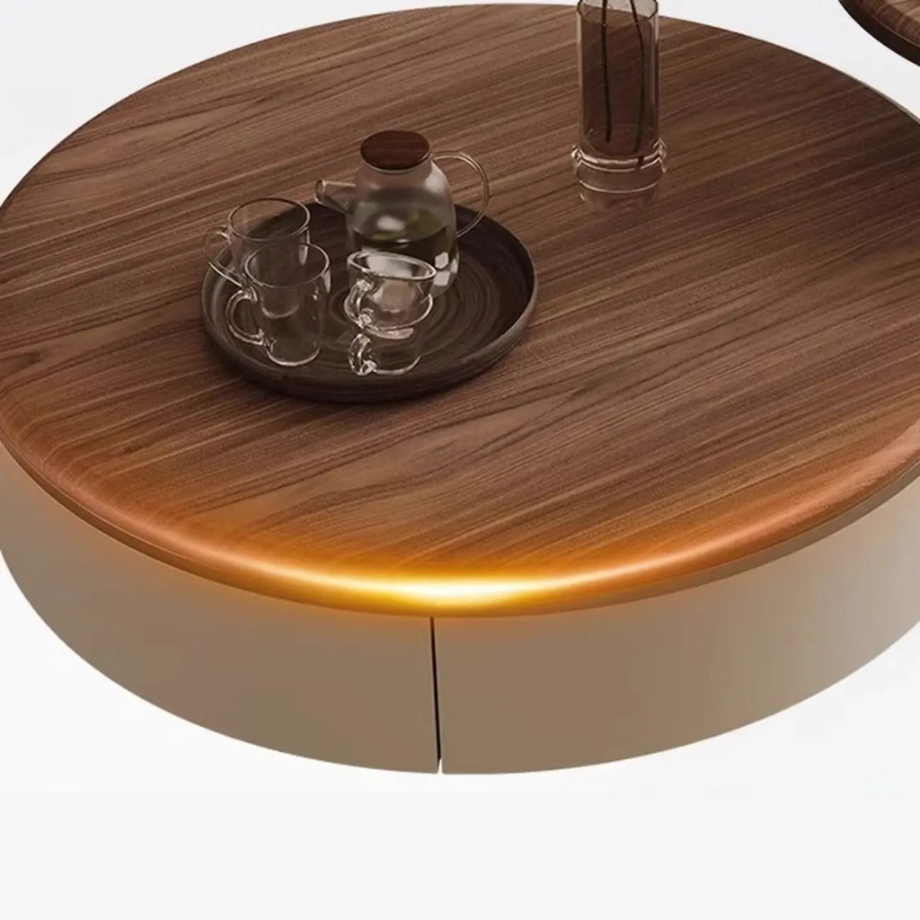 Brown 2 Drawers Elegant Round Wood Coffee Table