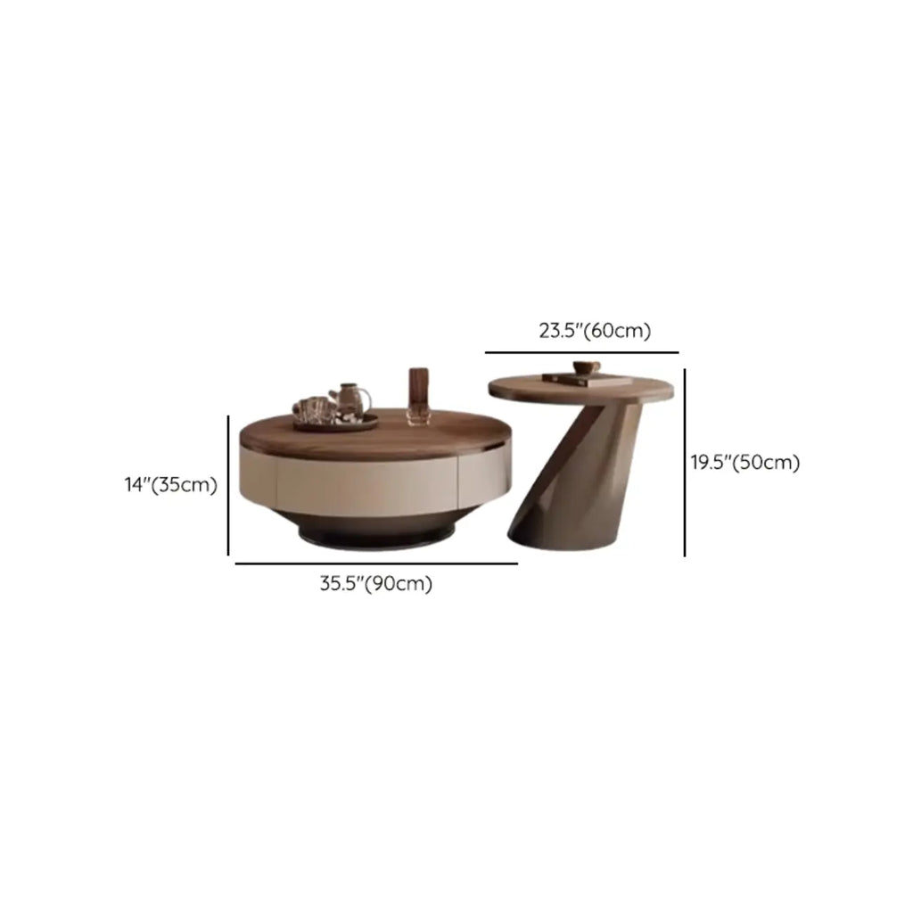 Brown 2 Drawers Elegant Round Wood Coffee Table