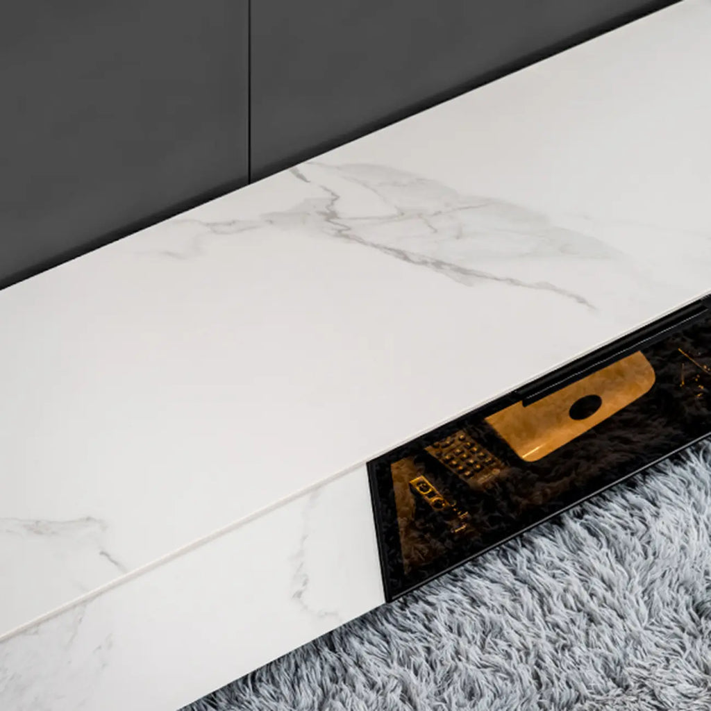 Black Modern Stone Rectangle Drawers TV Stand with LED Lights