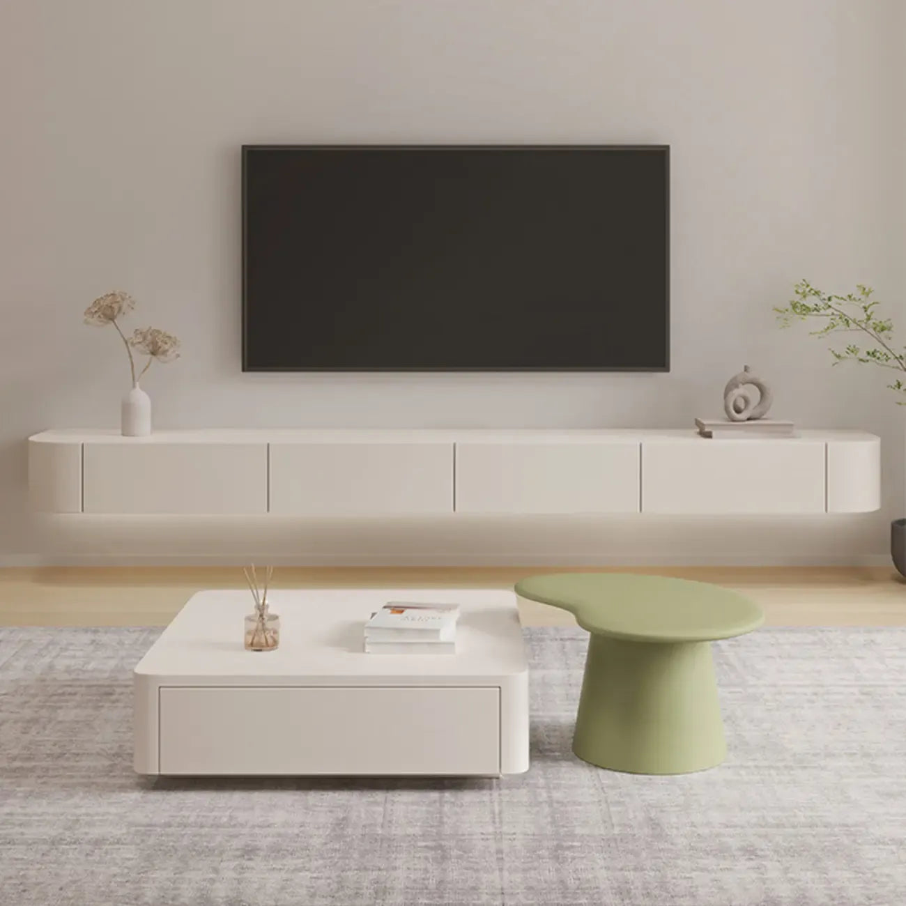 79 White Wood Floating Storage TV Stand with LED Lights