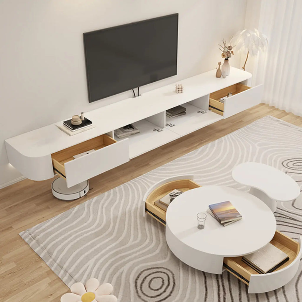 79 White Wood Floating Storage TV Stand with LED Lights