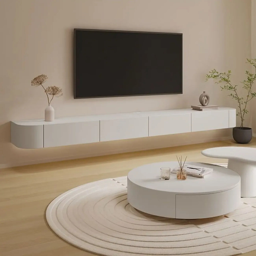 79 White Wood Floating Storage TV Stand with LED Lights