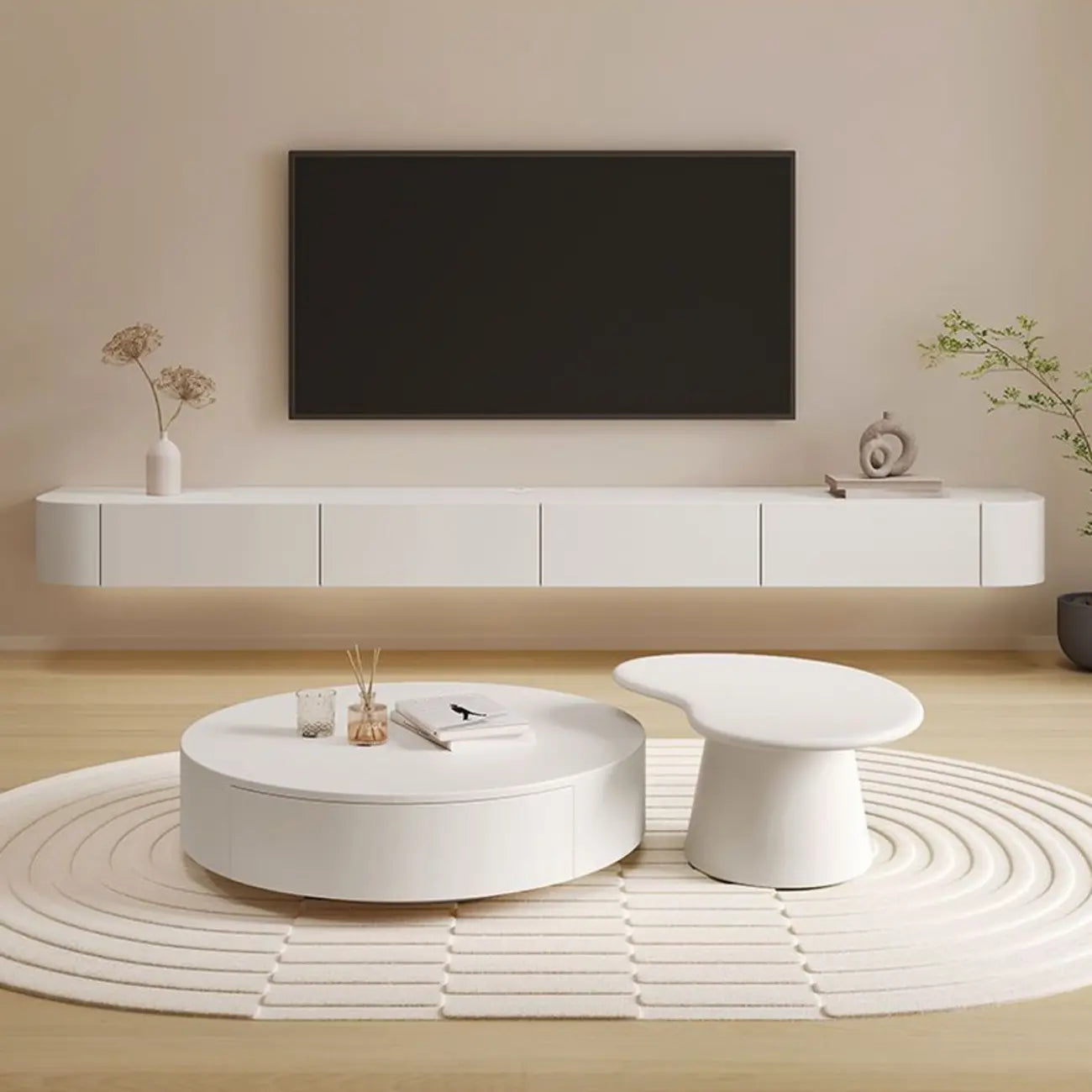 79 White Wood Floating Storage TV Stand with LED Lights