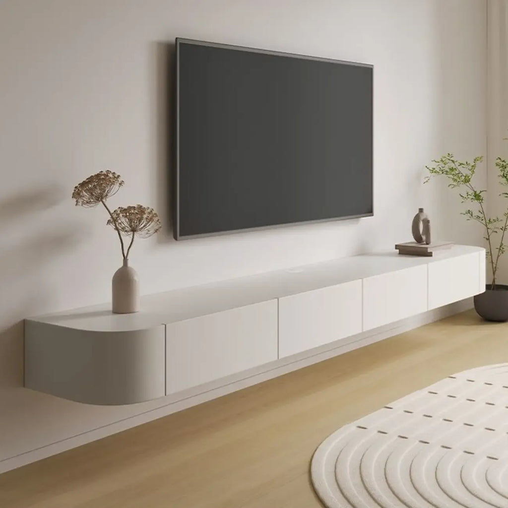 79 White Wood Floating Storage TV Stand with LED Lights