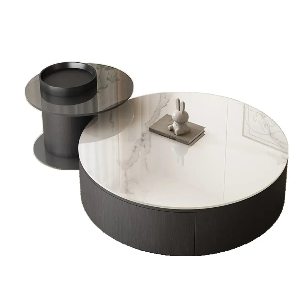Black Modern Sleek Nesting Round Wood Drawer Coffee Table