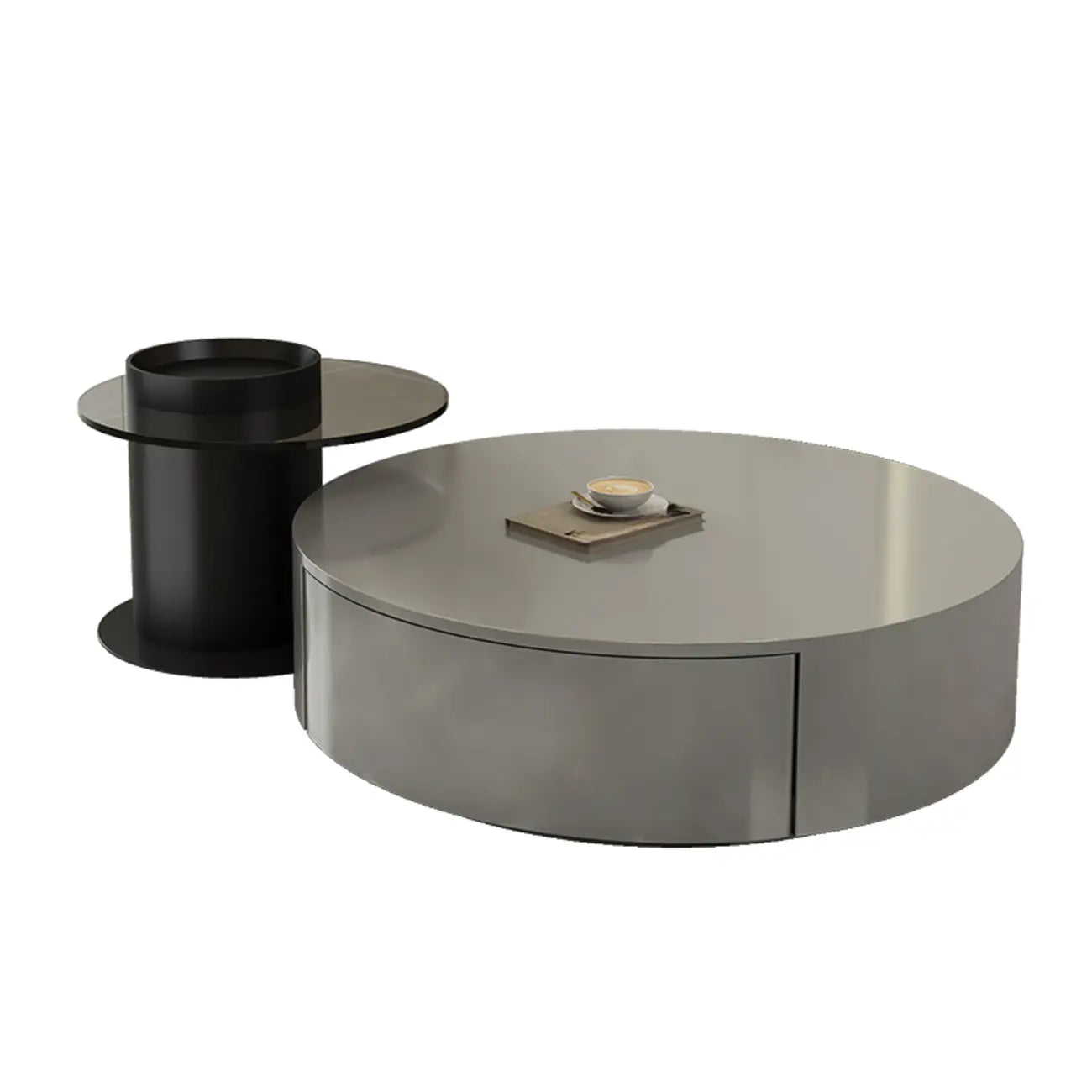 Black Modern Sleek Nesting Round Wood Drawer Coffee Table