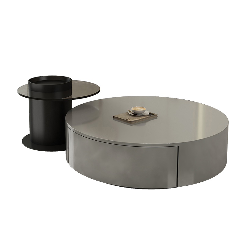 Black Modern Sleek Nesting Round Wood Drawer Coffee Table