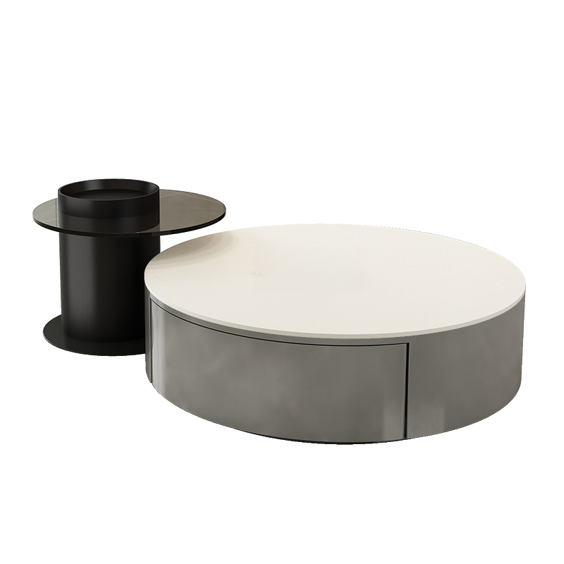 Black Modern Sleek Nesting Round Wood Drawer Coffee Table