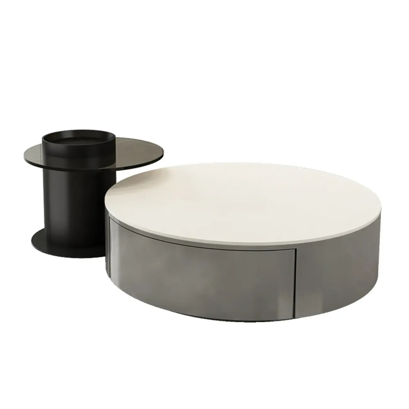 Black Modern Sleek Nesting Round Wood Drawer Coffee Table