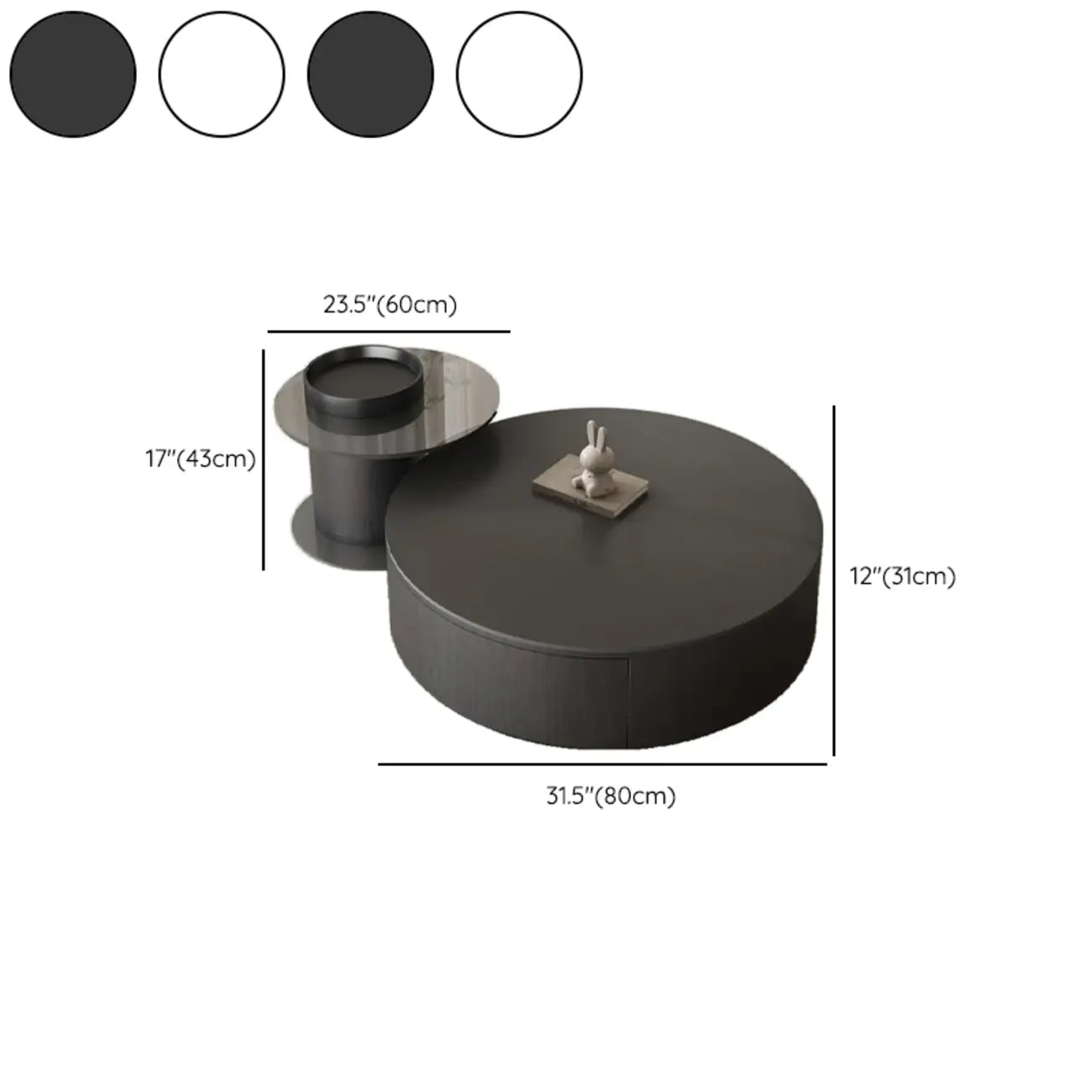 Black Modern Sleek Nesting Round Wood Drawer Coffee Table