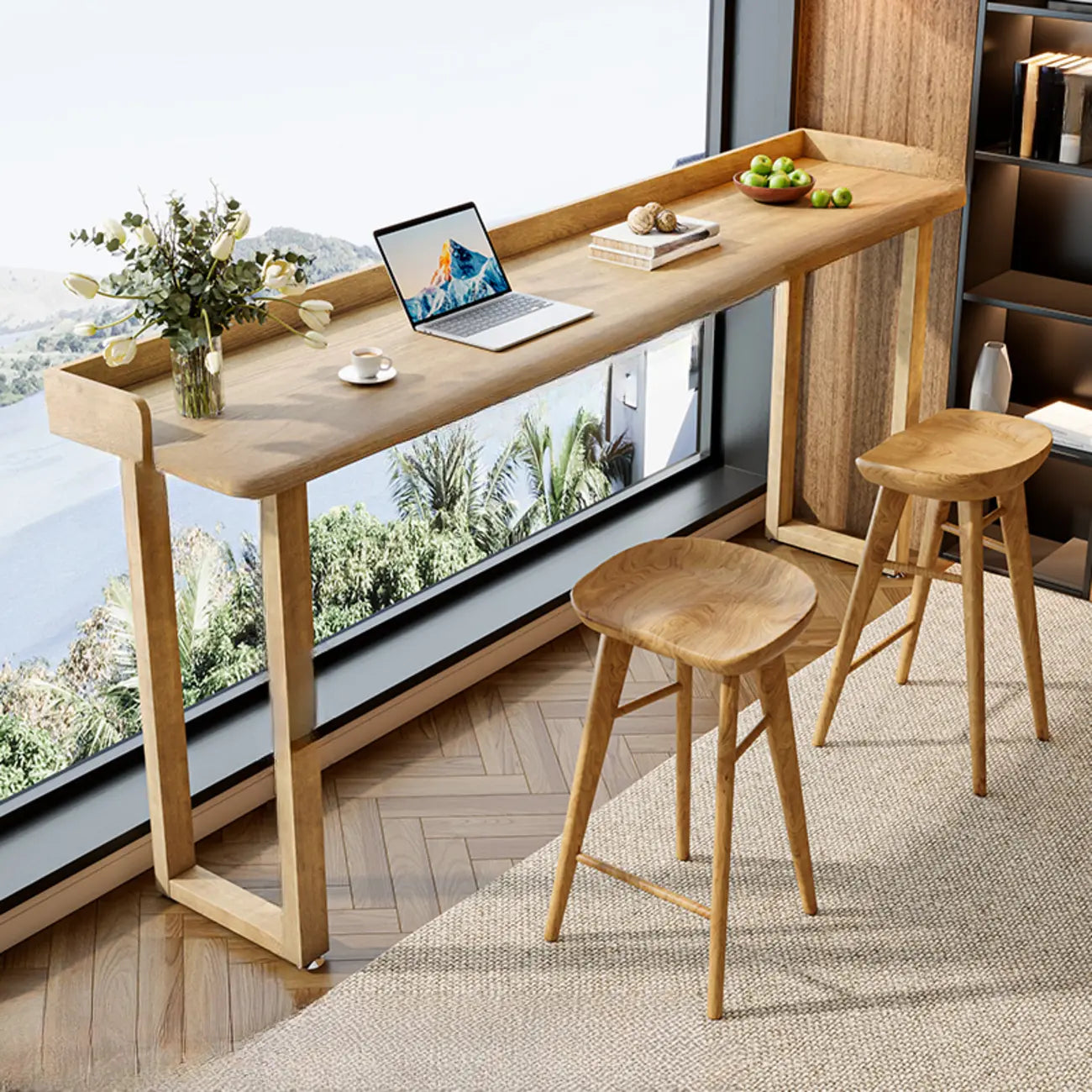 Natural Wood Rectangle Counter Height Bar Table with Rim