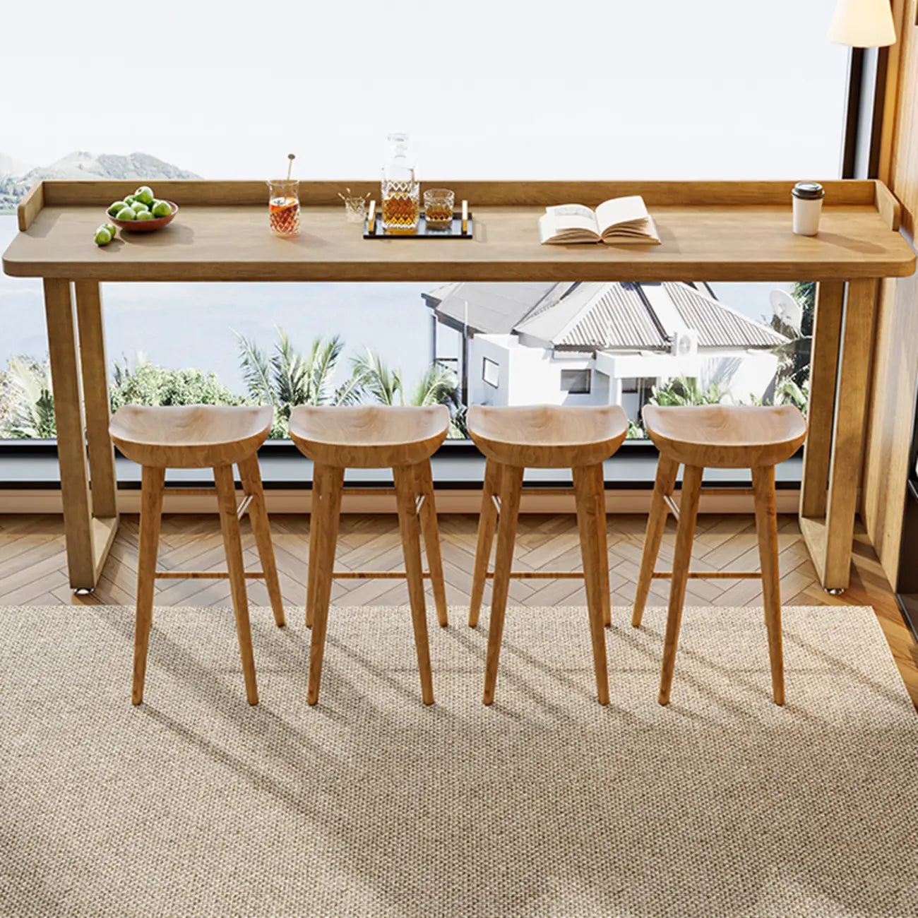 Natural Wood Rectangle Counter Height Bar Table with Rim