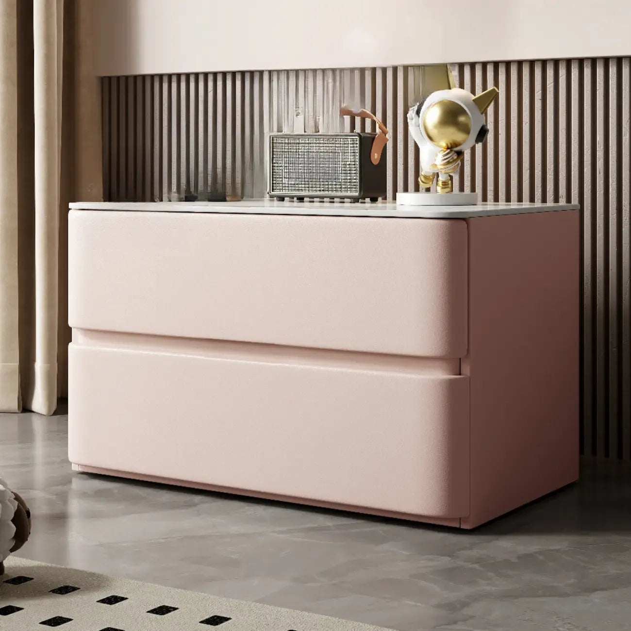 Modern Stone Top Wooden White Bedside Table 2 Drawers