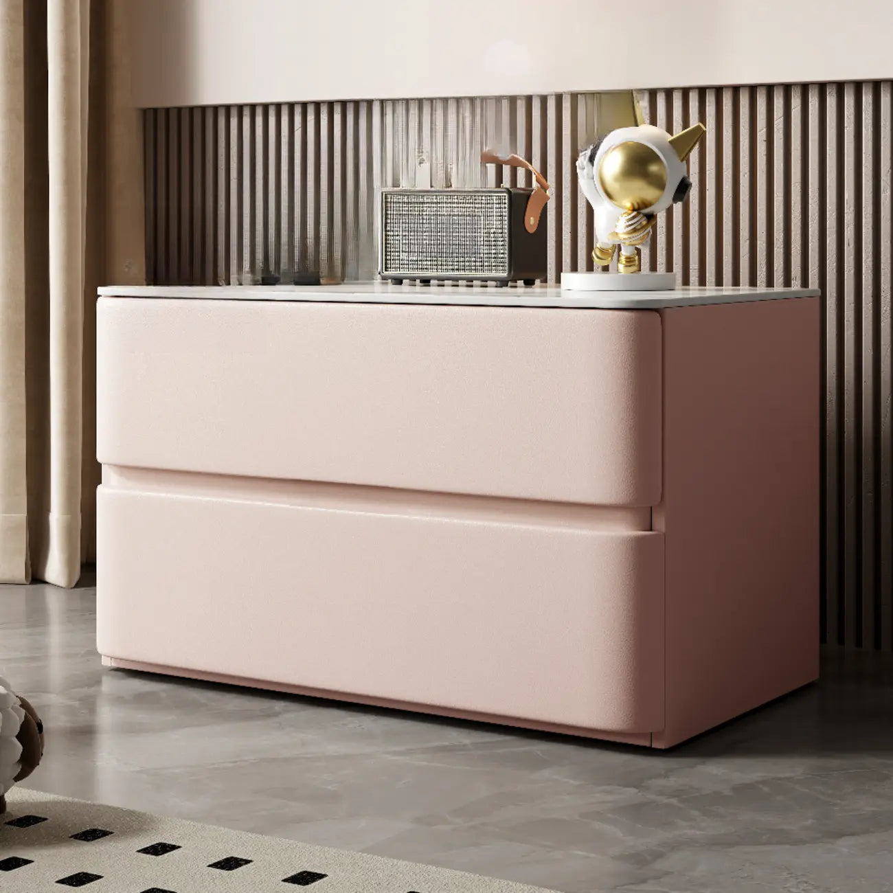 Modern Stone Top Wooden White Bedside Table 2 Drawers