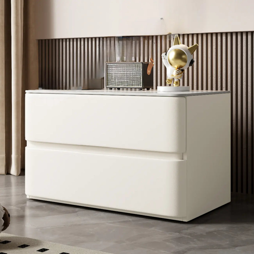 Modern Stone Top Wooden White Bedside Table 2 Drawers