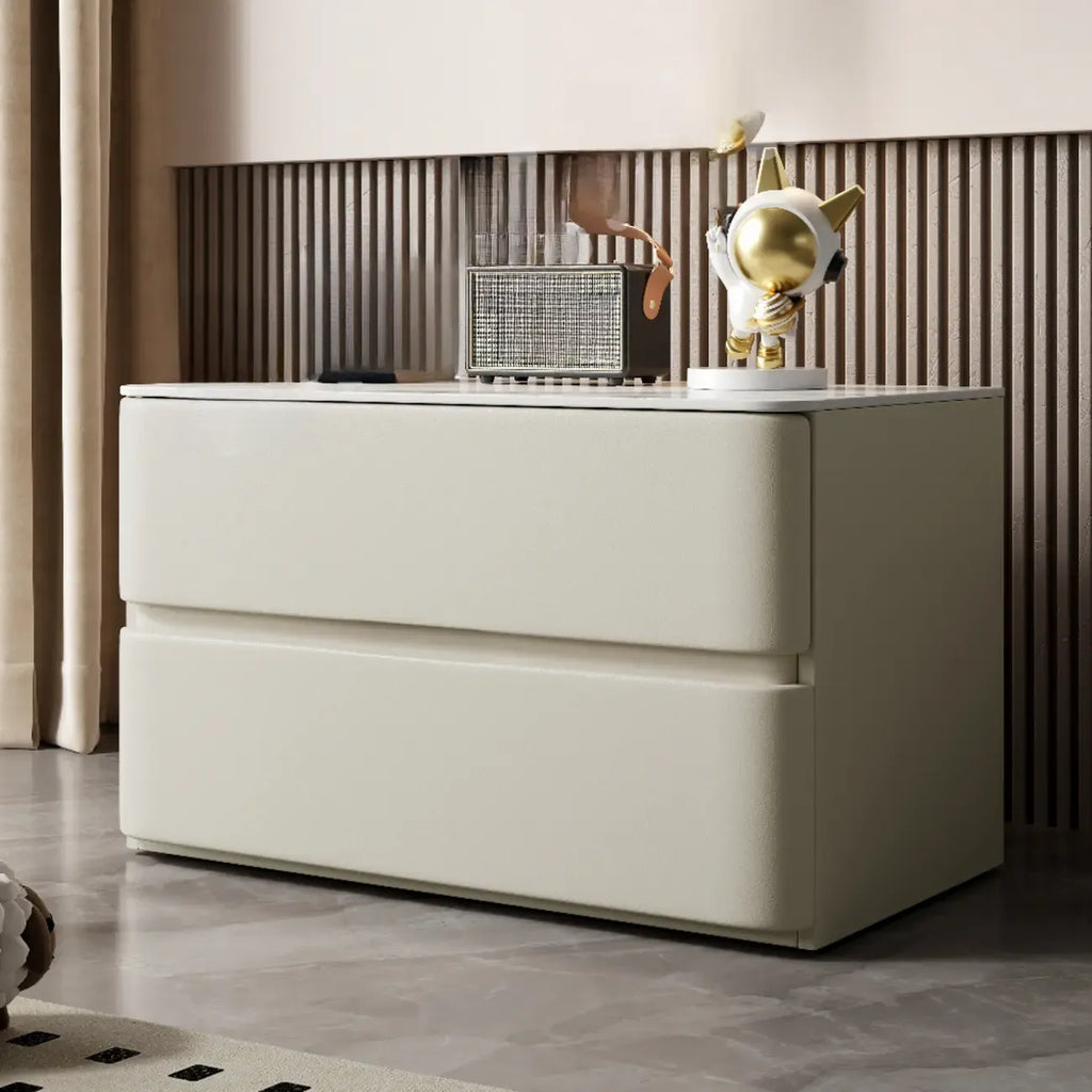Modern Stone Top Wooden White Bedside Table 2 Drawers