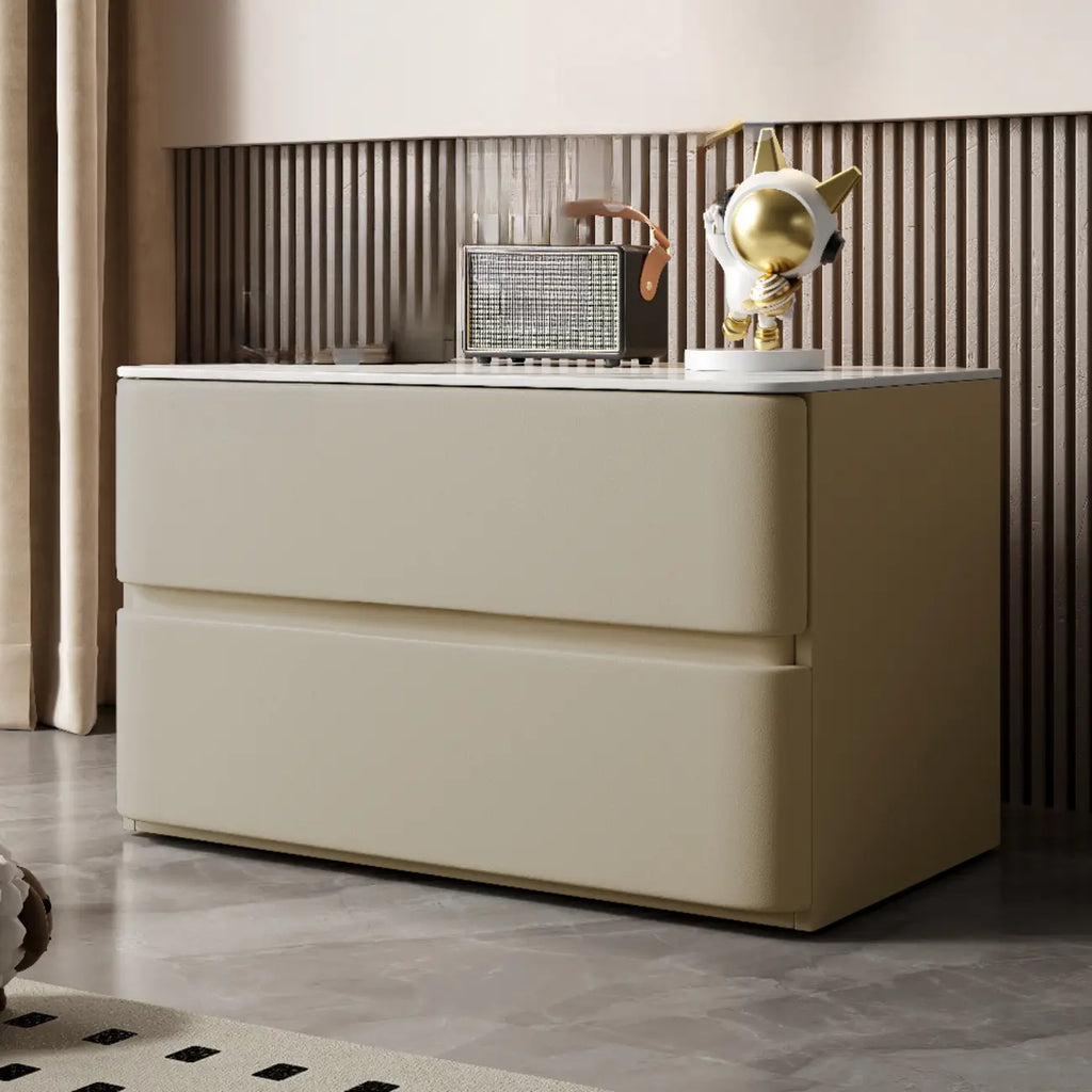 Modern Stone Top Wooden White Bedside Table 2 Drawers