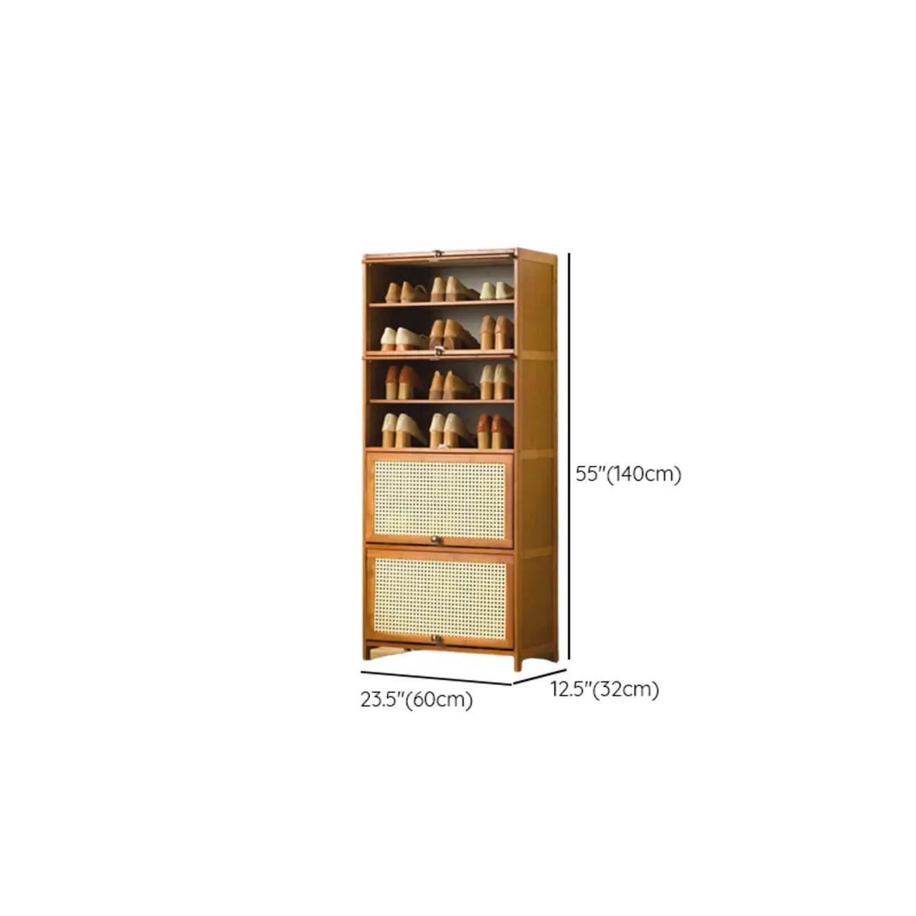 Bohemian Brown Wood Shoe Cabinet with Cane Doors