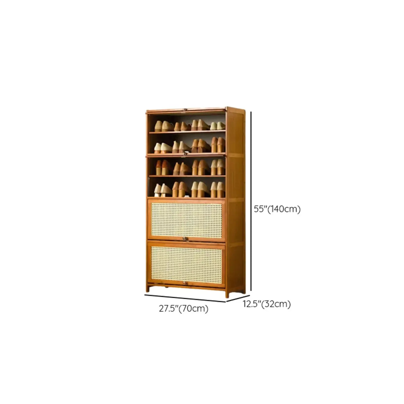 Bohemian Brown Wood Shoe Cabinet with Cane Doors