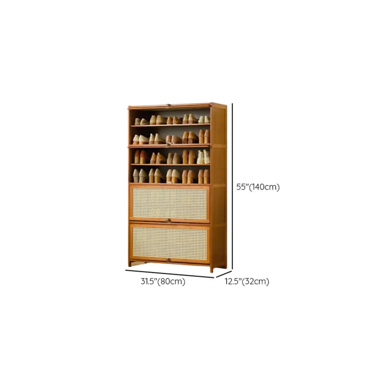Bohemian Brown Wood Shoe Cabinet with Cane Doors