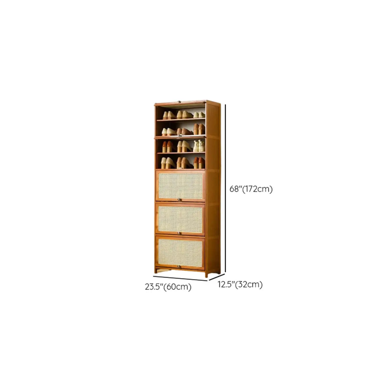 Bohemian Brown Wood Shoe Cabinet with Cane Doors