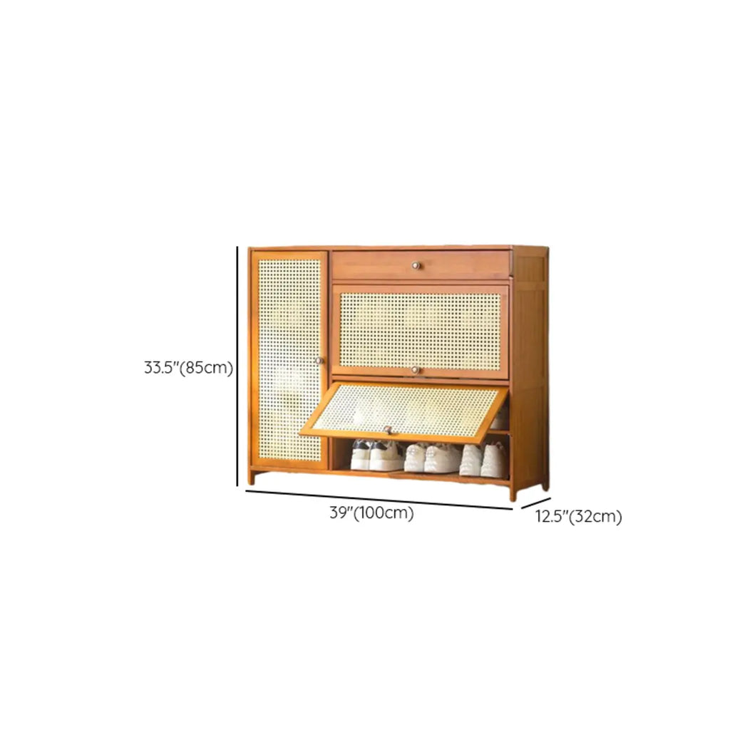 Bohemian Brown Wood Shoe Cabinet with Cane Doors