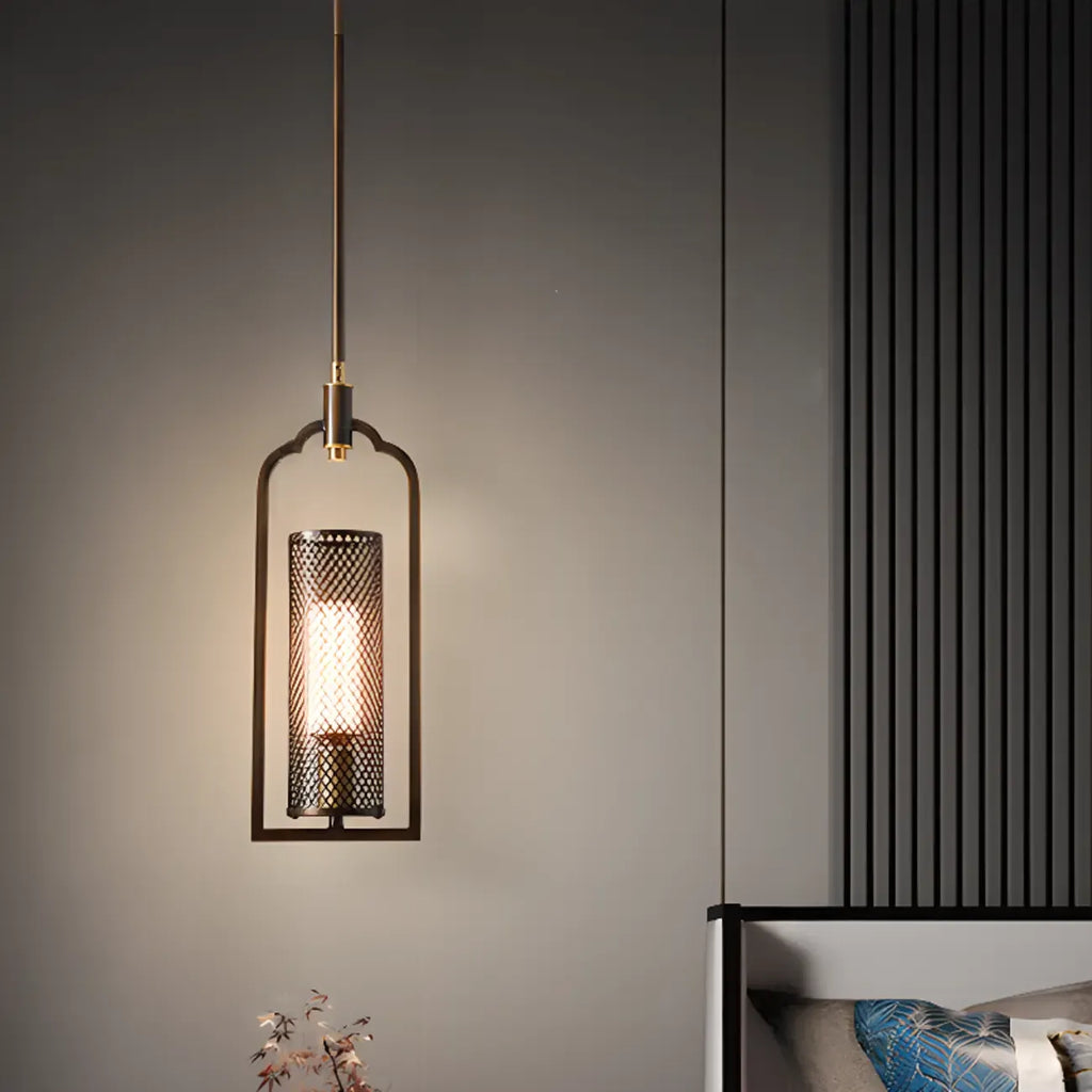Antique Brass Cylinder Pendant Light with Copper Mesh Shade