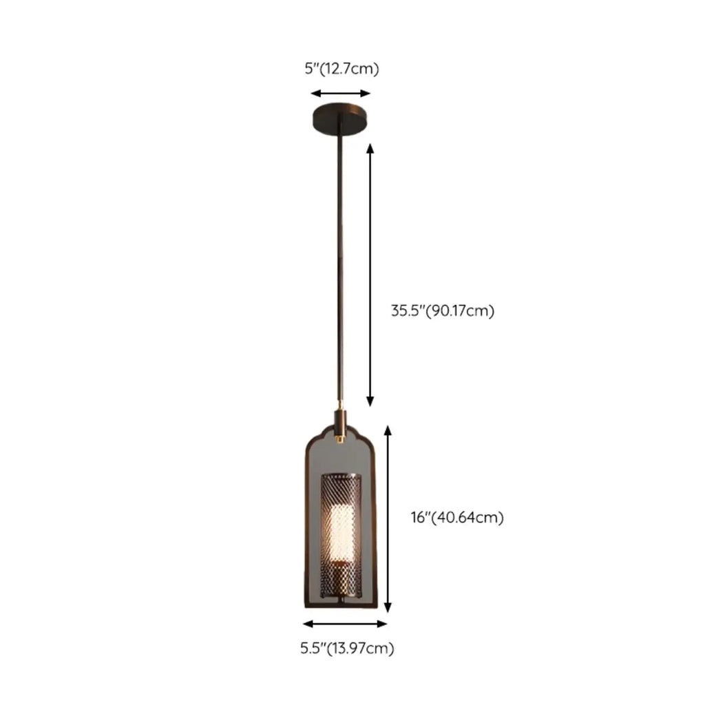 Antique Brass Cylinder Pendant Light with Copper Mesh Shade