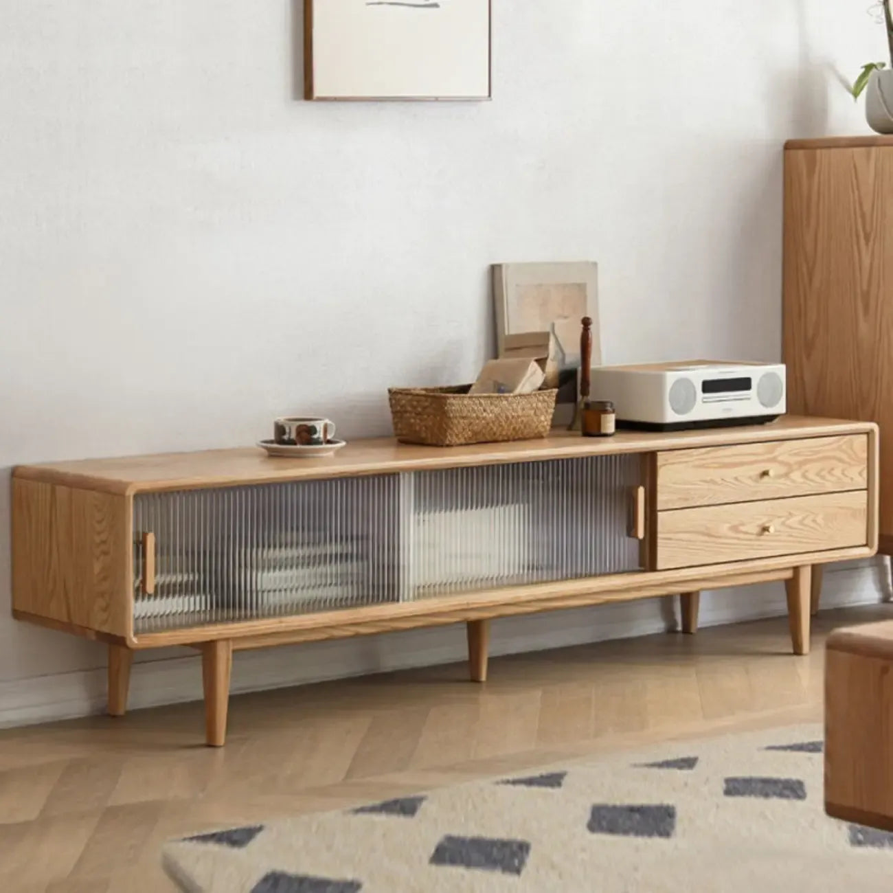 71 Natural Wooden Glass Sliding Door TV Stand with Drawers