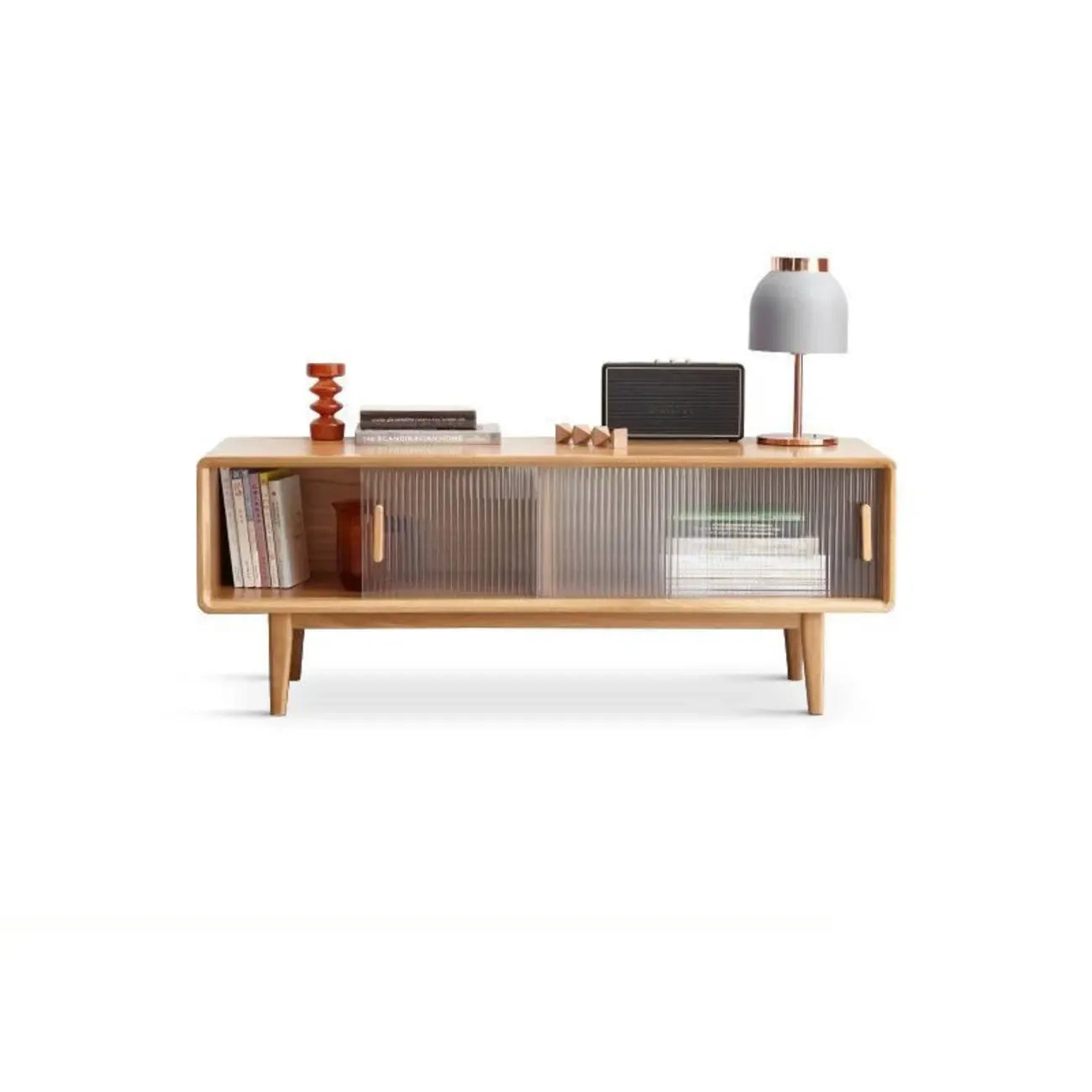 71 Natural Wooden Glass Sliding Door TV Stand with Drawers